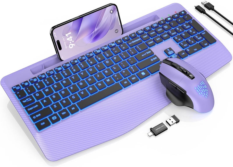 SABLUTE Wireless Keyboard and Mouse Backlits, Wrist Rest, LED Mouse, Rechargeable Ergonomic Keyboard with Phone Holder, Silent Light Up Combo for Computer, Mac, PC, Laptop, Chromebook (Purple) - Image 1